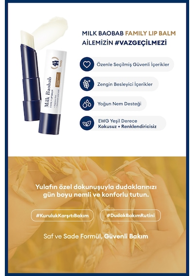 Yulaf Özü Shea Yağı İçeren Nemlendirici Hassas Dudak Bakım Kremi Seti Mılk Baobab Family Lip Balm