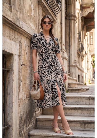 Lela Desenli Relaxed Fit Balon Kol Yırtmaçlı Kemerli Midi Boy Bayan Elbise 67810558 Leopar
