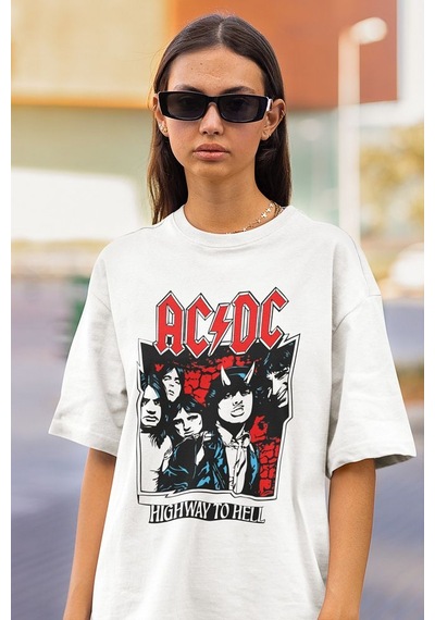 Rock Metal Müzik Grubu Ac Dc Baskılı Unisex Tişört, Oversize High Beyaz