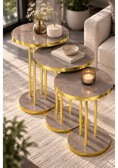 Sulorahome 3'lü Yuvarlak Zigon Sehpa Takımı Çam Kahverengi Ve Gold Metal Ayaklı Altın - Kahverengi