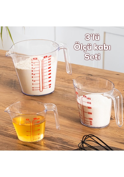 Porsima 3lü Şeffaf Plastik Ölçek Kabı - Beher Mutfak Ölçü Kabı 250ml-500ml-1000ml