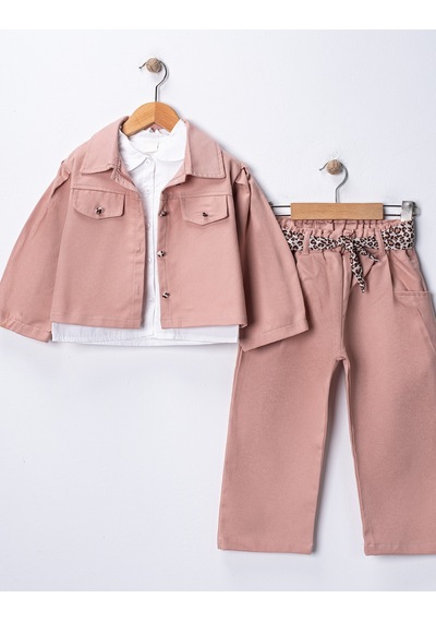 Harika Kids Kız Çocuk Gabardin Ceketli Takım Düğmeli Dokuma Gömlekli, Beli Lastikli Kemerli Pantolon 2-5 Yaş Pudra