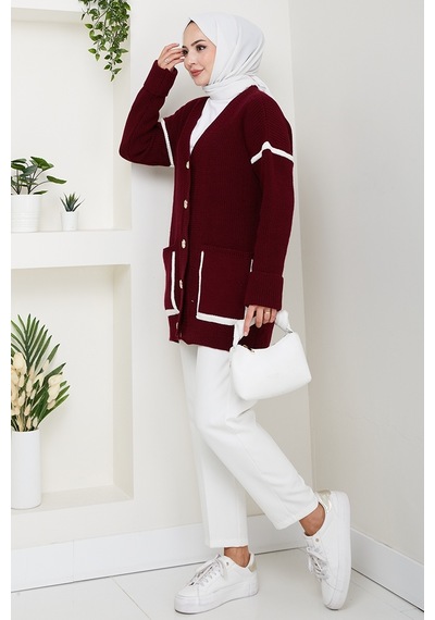 Bestenur İlge Düğmeli Triko Hırka 1597 - Bordo Bordo