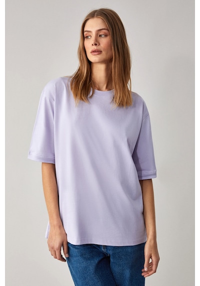Grımelange Jemmy  Kadın %100 Organik Pamuk Relaxed Fit Yırtmaçlı Yuvarlak Yakalı Lila T-Shirt