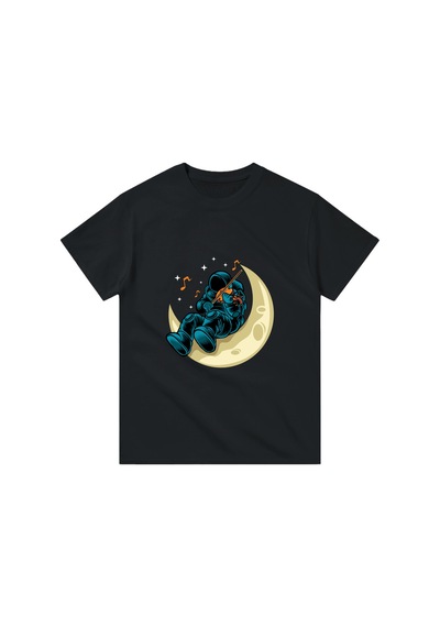 Paybuy Erkek Ay Temalı Keman Çalan Astronot Baskılı Rahat Kesim Kısa Kol Siyah