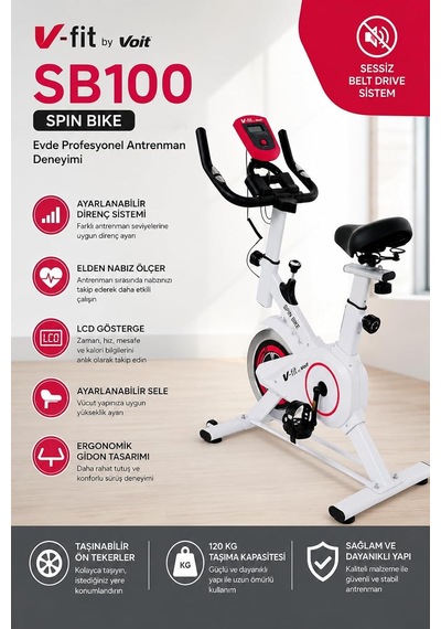 Vfit Sb100 Pro Beyaz Spin Bike Elden Nabız Ölçer Direnci Ayarlanabilir Sessiz Çalışır, Beyaz
