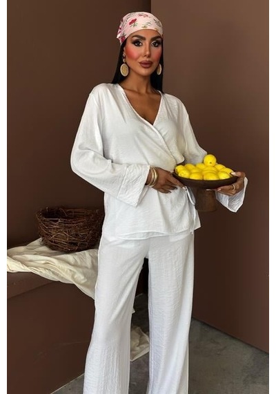 Moderie Butik Kruvaze Model Klasik Pantolonlu Çupra Keten Takım 10191 Beyaz
