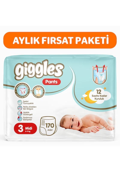 Giggles Pants Külotlu Bebek Bezi 3 Numara Midi 170 Adet