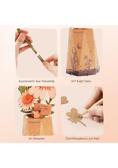 Rowood Tw111 Gerbera Çiçeği Light Orange Gerbera Dıy Minyatür Maket Model Set Ahşap 3d Wooden Puzzle 3d Model Kit Ahşap Maket Dekoratif Hobi Seti