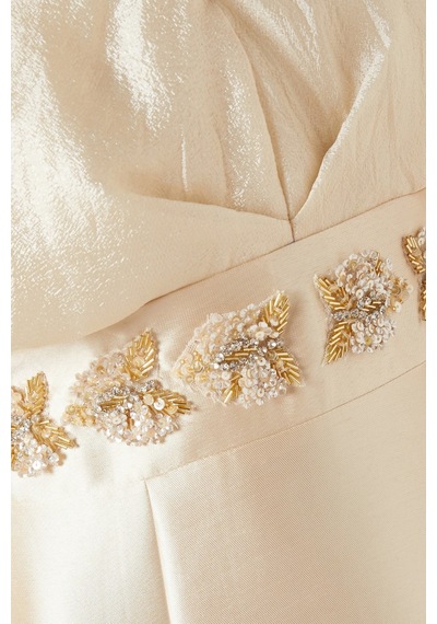 Ac By Aanchal Chanda Embellished Off - Shoulder Omuz Açık Saten Balık Form Kadın Elbise Bej
