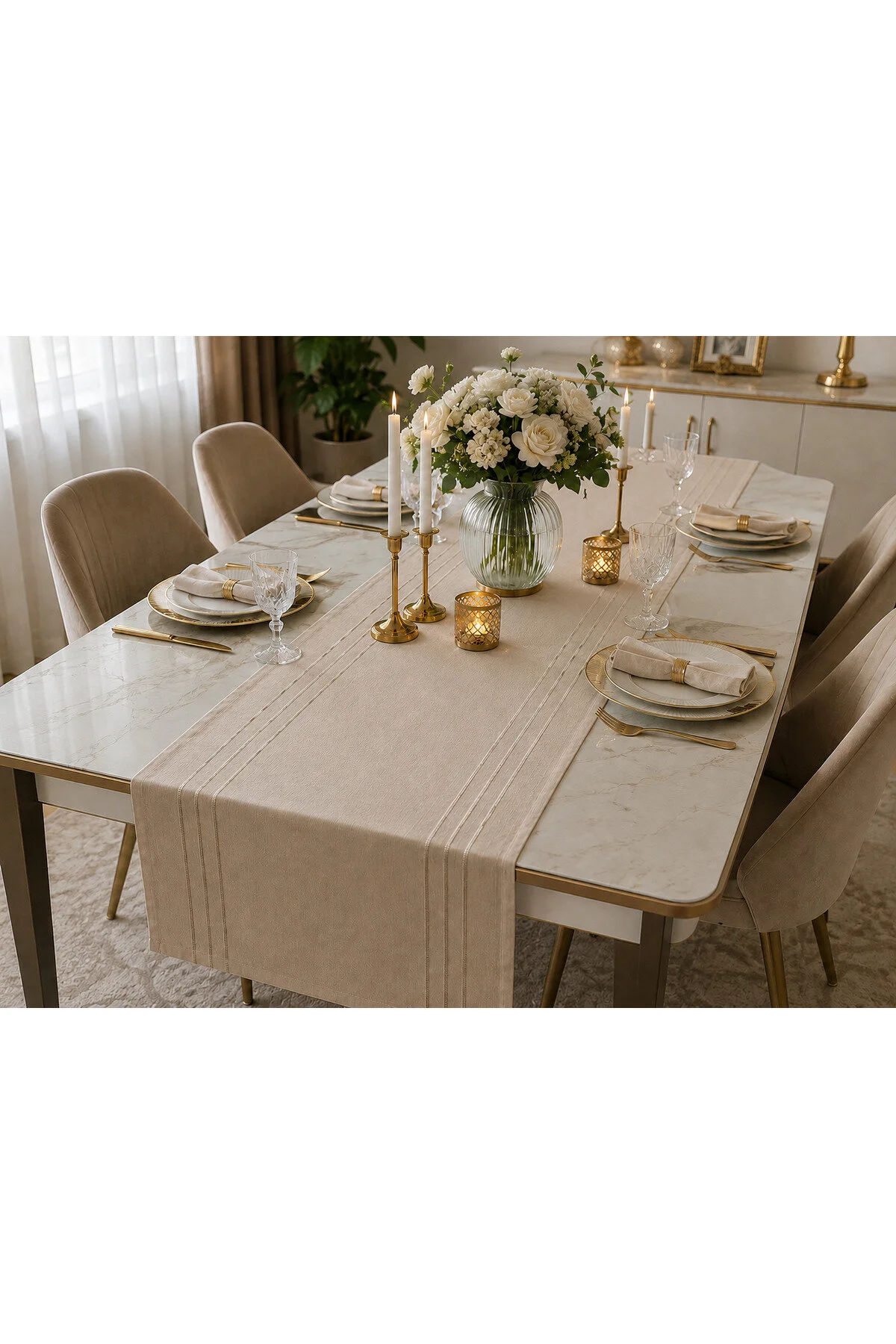 %100 Polyester Dertsiz Leke Tutmaz Şerit Desenli Runner Masa Örtüsü 34x200 Cm Bej