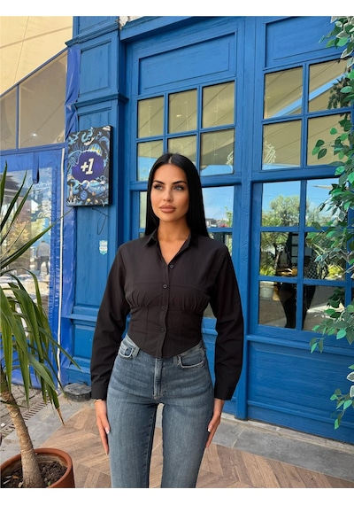 WeShaya Siyah Desenli Polyester Parçalı Gömlek Siyah