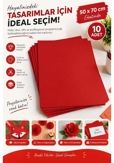 Kırmızı Fon Kartonu 50x70 Cm 10 Lu Paket, Renkli Fon Kağıdı, El İşi, Okul Ve Sanat Etkinlikleri İçin