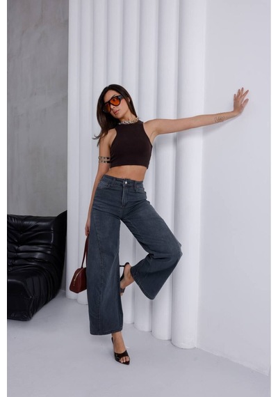 Zdnjeans Kadın Yüksek Bel Gri Wide Leg Palazzo Jean Pantolon Antrasit