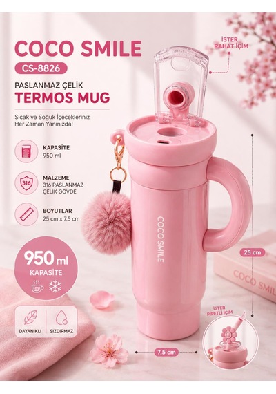 Cocosmile Cs-8826 Pembe 950 Ml Çift İçim Paslanmaz Çelik Termos Mug