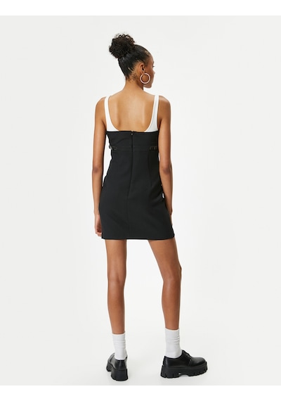 Koton Mini Kalem Elbise Renk Kontrastlı Askılı Slim Fit Siyah 4sak80390pw