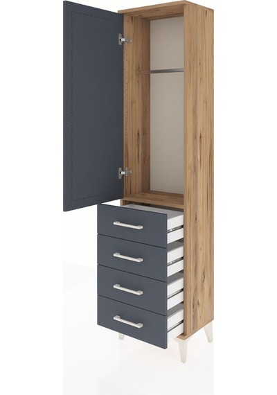 Arges Dolap Tek Raflı 4 Çekmeceli Tek Askılı 44x30x182 Çam-an... Çam