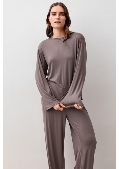 Artış Uzun Kollu Oversize Basic Likralı Viskoz Alt Üst Takım 20210 Vizon