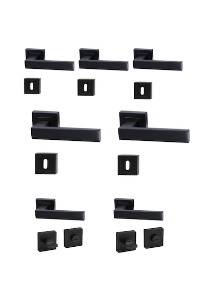 Kare Rozetli Kapı Kolu 7'li Set 3+1 Daire İçin Geçerli Siyah
