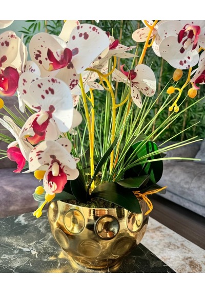 Yapay Çiçek 4lü Bordo Çilli Beyaz Islak Orkide Metal Yuvarlak Gold Vazoda Orkide 50cm