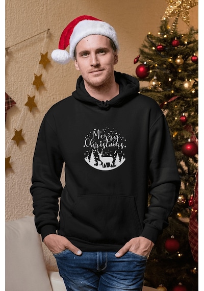 Marry Christmas Geyikli Yeni Yıl Kapşonlu Sweatshirt 001
