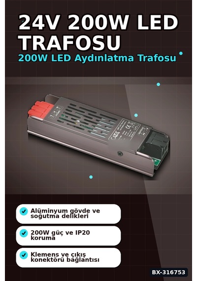 24v Şerit Led Trafosu 200w 8a Bakır Sargılı Klemensli Güç Kaynağı - 1 Adet Bx-316753