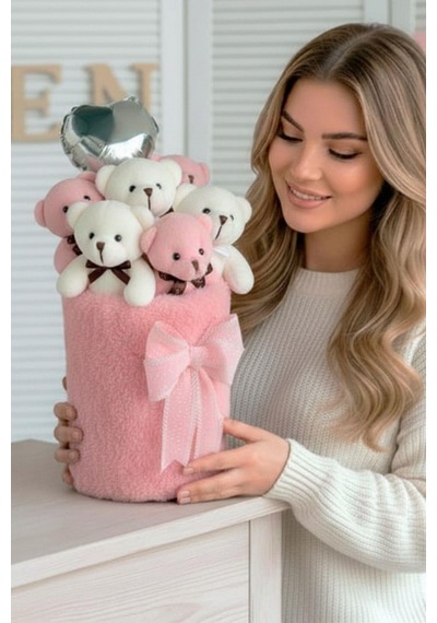 Deluxe Peluş Silindir Kutusuda, Kalpli Balonlu 6 Lı Pembe Ayıcık Buketi - Sevdiğine Hediye
