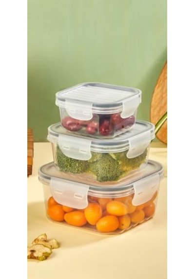 Tam Vakumlu Hava Geçirmez Sızdırmaz Kilitli Kare Saklama Kabı 3'lü Set Şeffaf 1400ml 800ml 400ml Bpafree Diğer