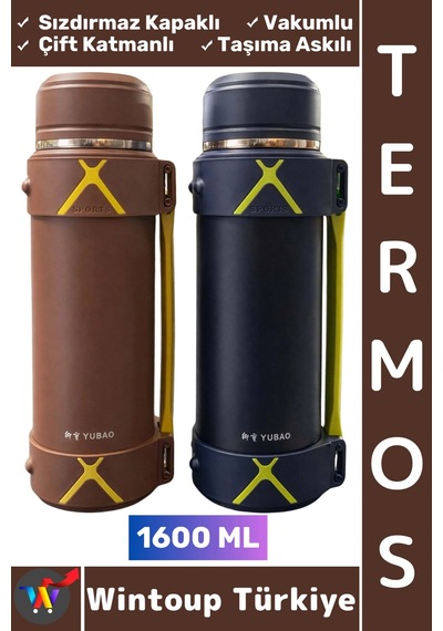 Termos Kamp Outdoor Piknik Sızdırmaz Kapaklı Çift Katmanlı Vakumlu Taşıma Askılı Mug Termos 1600 Ml Çok Renkli