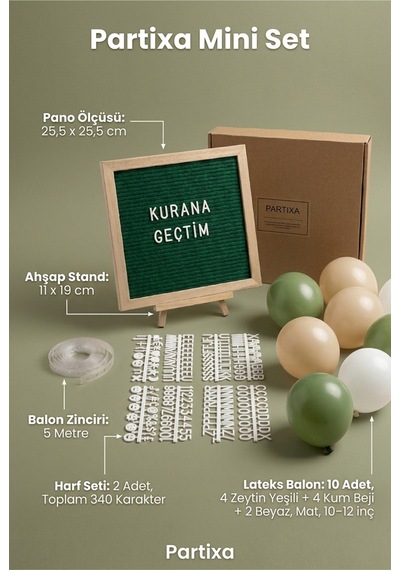 Kuran'a Geçtim Kutlaması Süsleme Mini Set Koyu Yeşil Keçe Yazı Panosu Standlı Balon Zincirli Kuran Töreni Süsleri 1 - 5