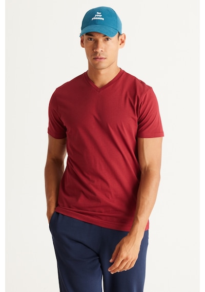 Ac&Co / Altınyıldız Classics Slim Fit Dar Kesim V Yaka Pamuklu Erkek Tişört Bordo