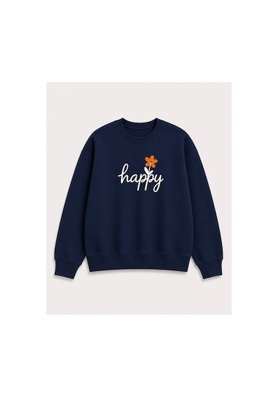 Herkesemoda Happy Baskı Detaylı Şardonlu 2 İplik Bisiklet Yaka Sweatshirt Lacivert