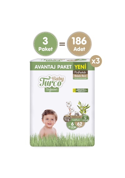 Baby Turco Doğadan Mega Avantaj Paketi Pofuduk Bebek Bezi 6 Numara Xlarge 186 Adet