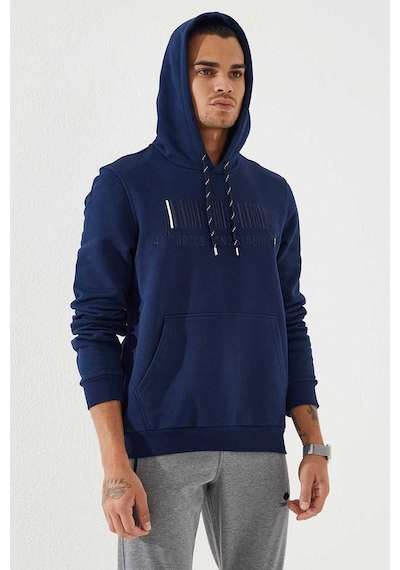 Tommy Life İndigo Nakışlı Kanguru Cep Standart Kalıp Kapüşonlu Erkek Sweatshirt - 87839 Indıgo