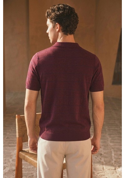 Tarz Cool Erkek Old Money Çizgili Polo Yaka Triko Tişört Slim Fit Bordo