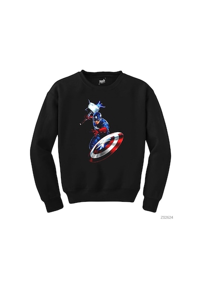 Captain America Mjolnir And Shield Siyah Sweatshirt Siyah