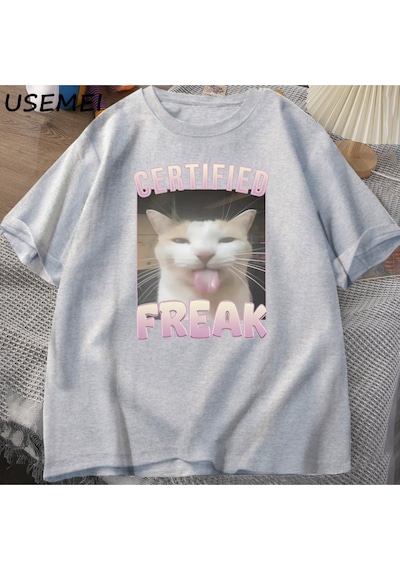 Flood Of Style Sertifikalı Freak Komik Kedi Meme T-shirt Adam Kısa Kollu Tişört Erkek Tshirt Erkek Giysileri Gri