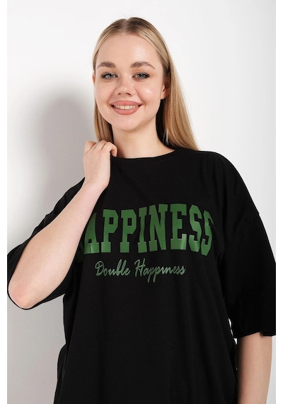 Startmore Kadın Siyah Happıness Baskılı Oversize Tshirt Siyah