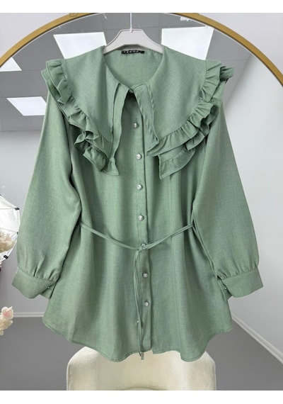 Lovie Moda Fırfır Yaka Bağcıklı Tunik Yeşil