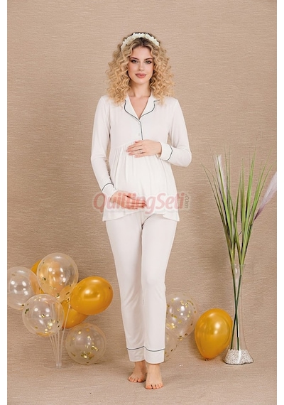Quilling Lady Ekru Renkli, Kol Ve Paçaları Manşetli, 33202 Uzun Kol, 2 Parça Lohusa Hamile Pijama Takımı M - L