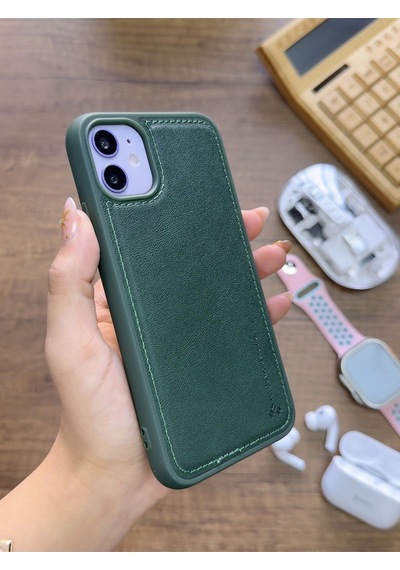 Apple iPhone 11 Uyumlu Premium Deri Dokulu Darbelere Karşı Dayanıklı Nazal Silikon Kılıf Haki