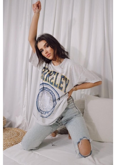 Blackjack Giyim Unisex Gri Oversize Berkeley Baskılı T-shirt Gri-beyaz