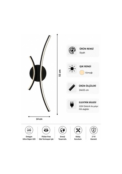Yumi Modern Led Duvar Apliği Günışığı Siyah