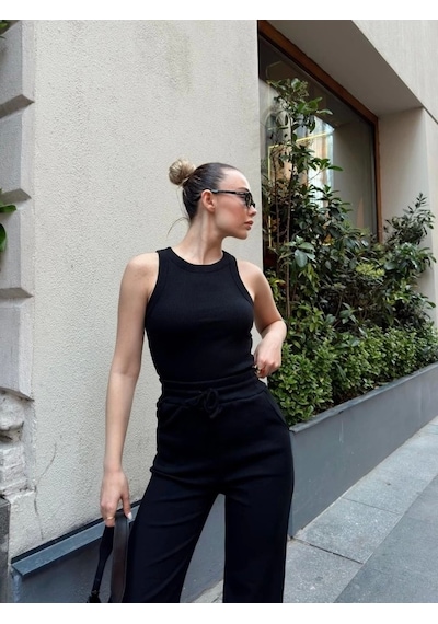 Defymoda Kadın Kaşkorse Kumaş Atlet Ve Yüksek Bel Bol Paça Pantolon Ikili Takım Siyah