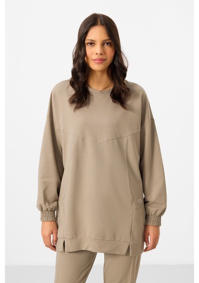 Koyu Bej O Yaka Basic Oversize Kadın Eşofman Tunik Takım - 95347 Bej