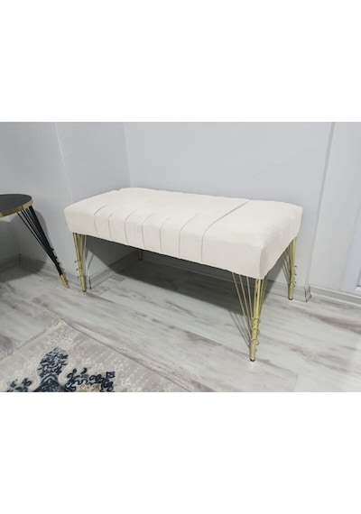 Modern Çizgi Model Puf Ayakucu Bench Gold Metal Ayak 100 Cm Beyaz