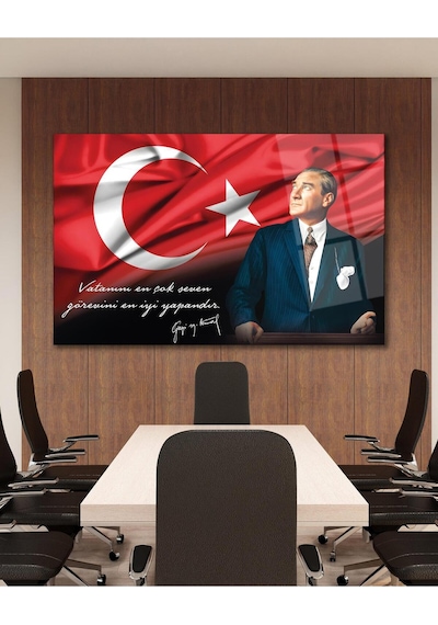 Atatürk Portre Cam Tablo Vatanını En Çok Seven Görevini En İyi Yapandır Kurum Hediyelik Büyük Tablo