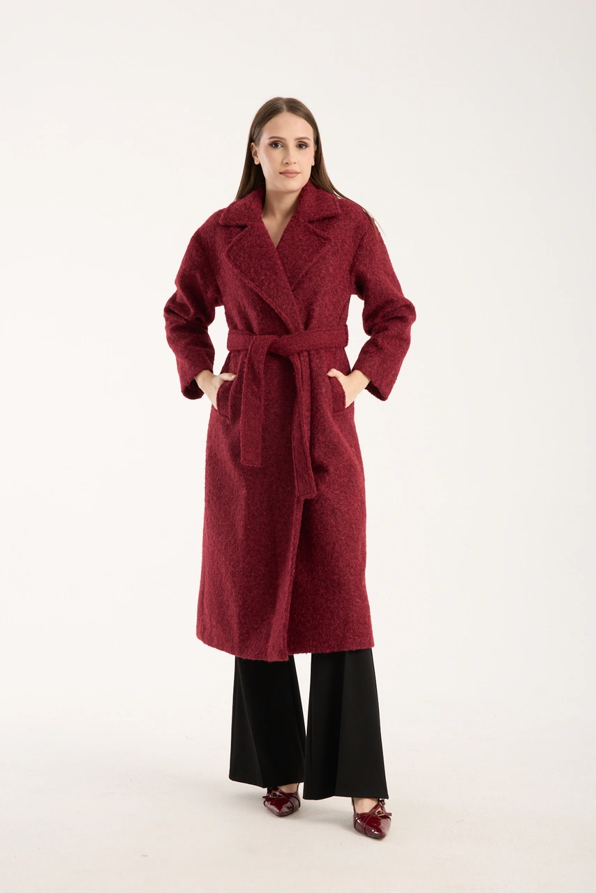 Bordo Buklet Kaşe Oversize Kaban Bordo