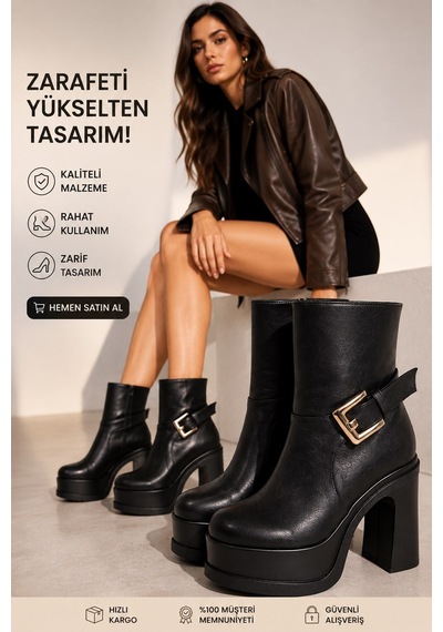 Kadın Lorenza Siyah 12 Cm Platform Topuklu Kadın Bot K-2030