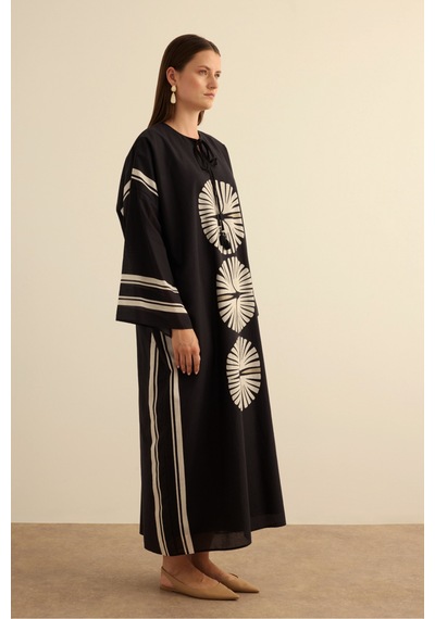 Aker Geometrik Desenli Cotton Yaz Serinliği Kimono Siyah Siyah